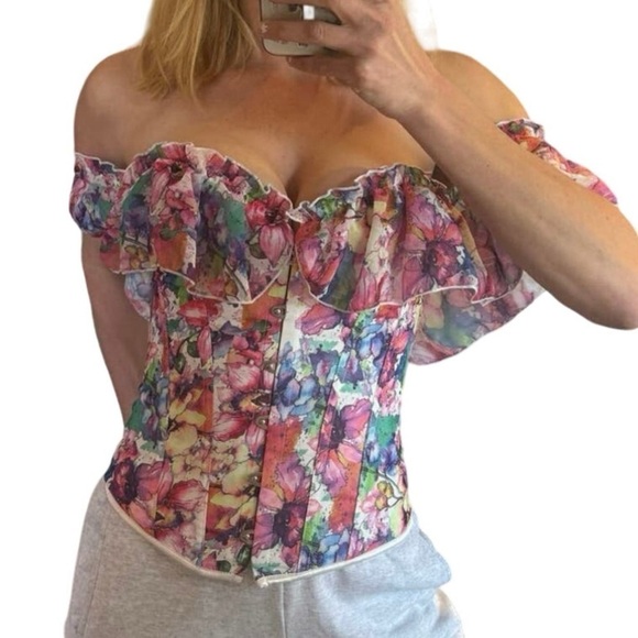 Women’s Corset top floral abstract multicolor ruffle lace-up new - Picture 3 of 9